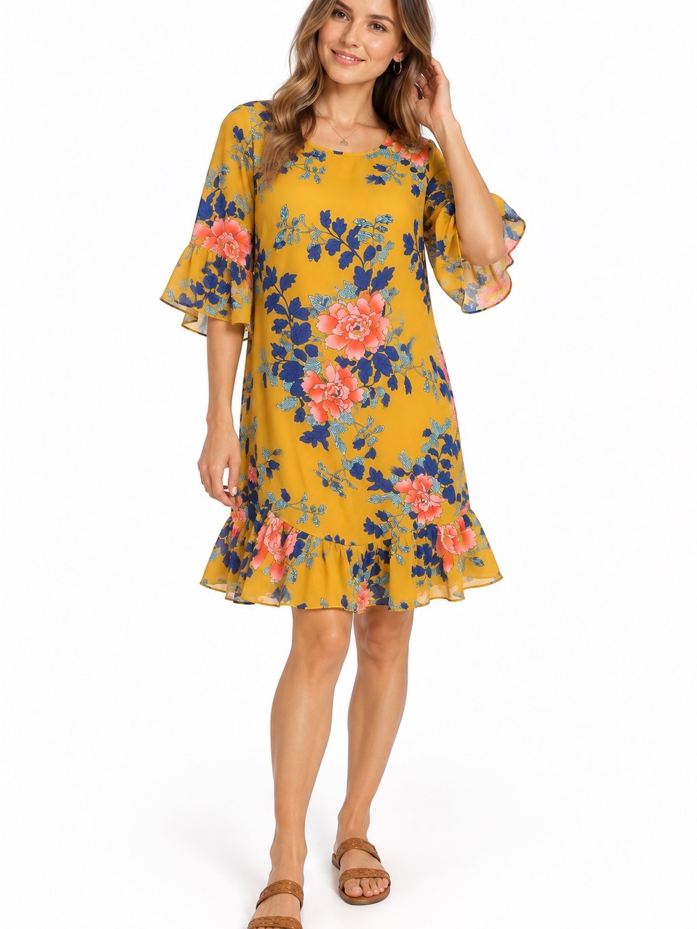Cupshe Mustard Yellow Floral Ruffle Shift Dress NWT sz Large Boho Beach